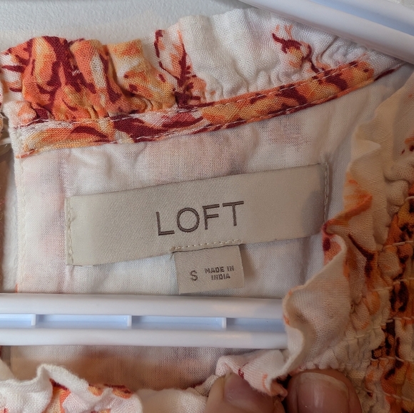 Loft Women Size S White Orange Floral Smock Ruffle Flowy Lined Dress - Picture 3 of 12